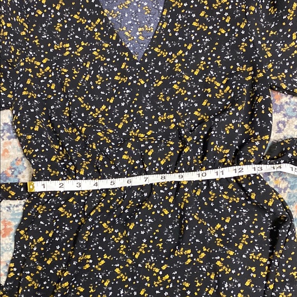 DYNAMITE Black and Yellow Floral Wrap Sundress with Bishop Sleeves - Picture 7 of 9